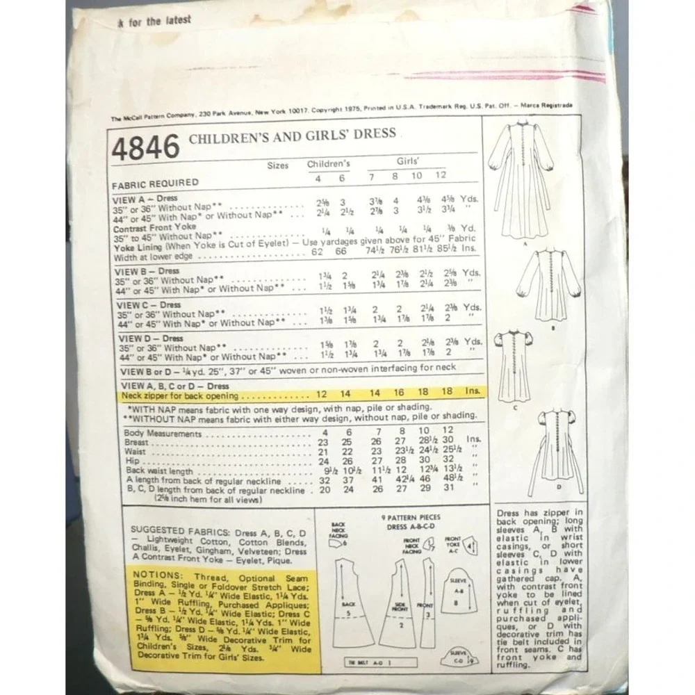 Vintage 1975 Sewing Pattern‎ McCall's 4846 Child's Puff Sleeve Dress size 6 Cut